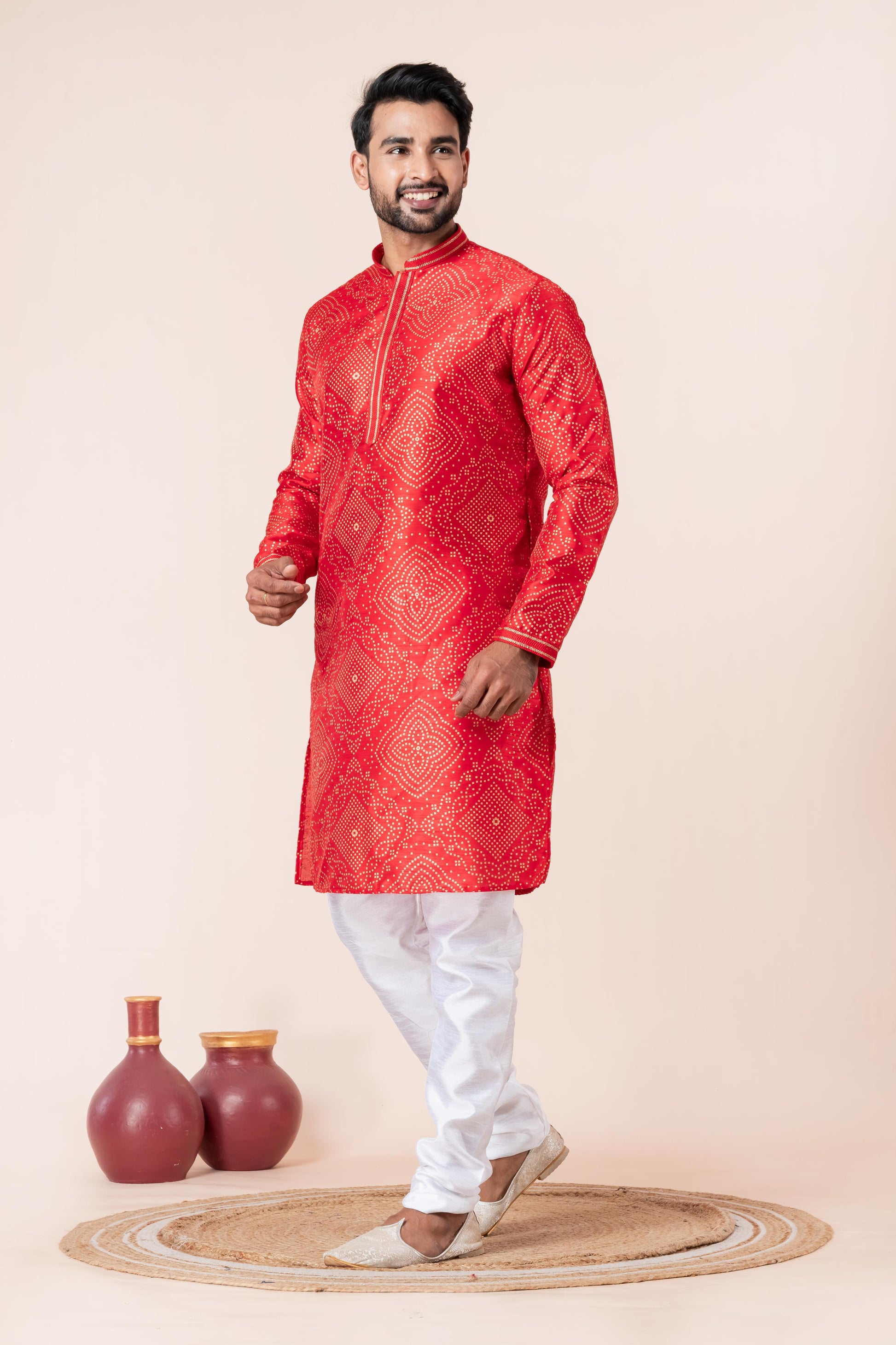 Zavaya Men Red Printed Banarasi Silk Kurta Churidar Set - Dista