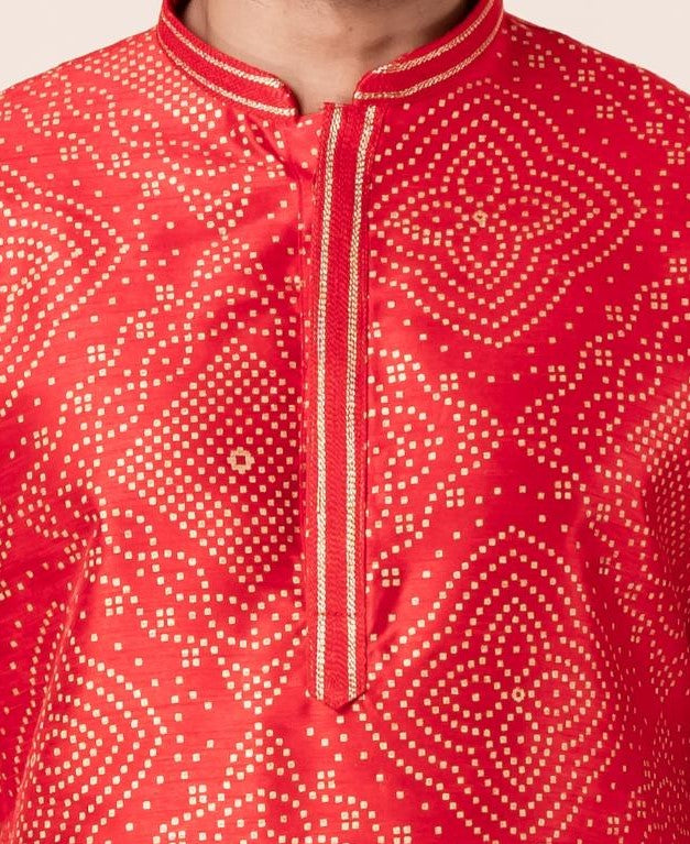 Zavaya Men Red Printed Banarasi Silk Kurta Churidar Set - Dista