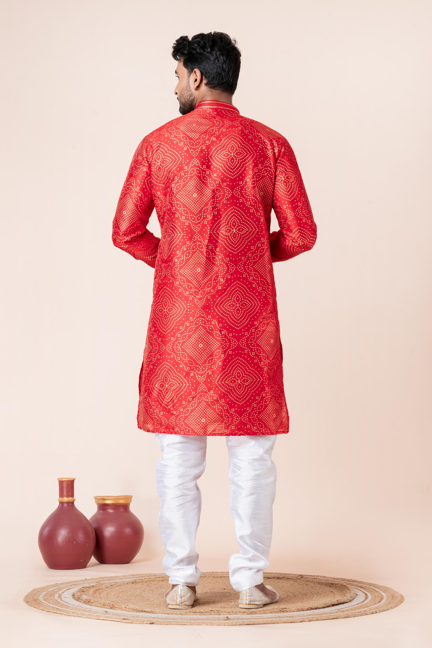 Zavaya Men Red Printed Banarasi Silk Kurta Churidar Set - Dista