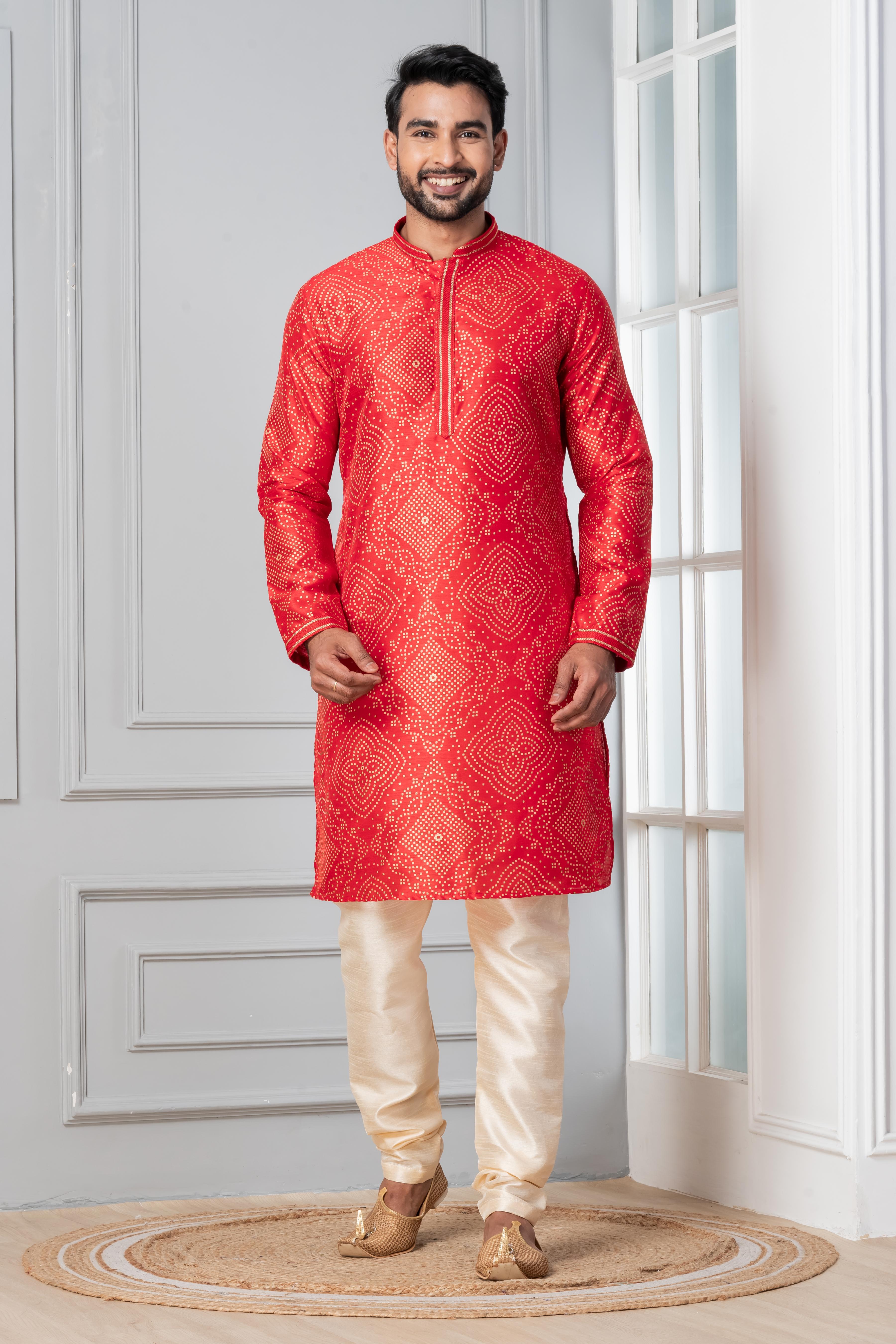 Zavaya Men Red Printed Banarasi Silk Kurta Churidar Set