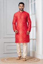 Thumbnail for Zavaya Men Red Printed Banarasi Silk Kurta Churidar Set