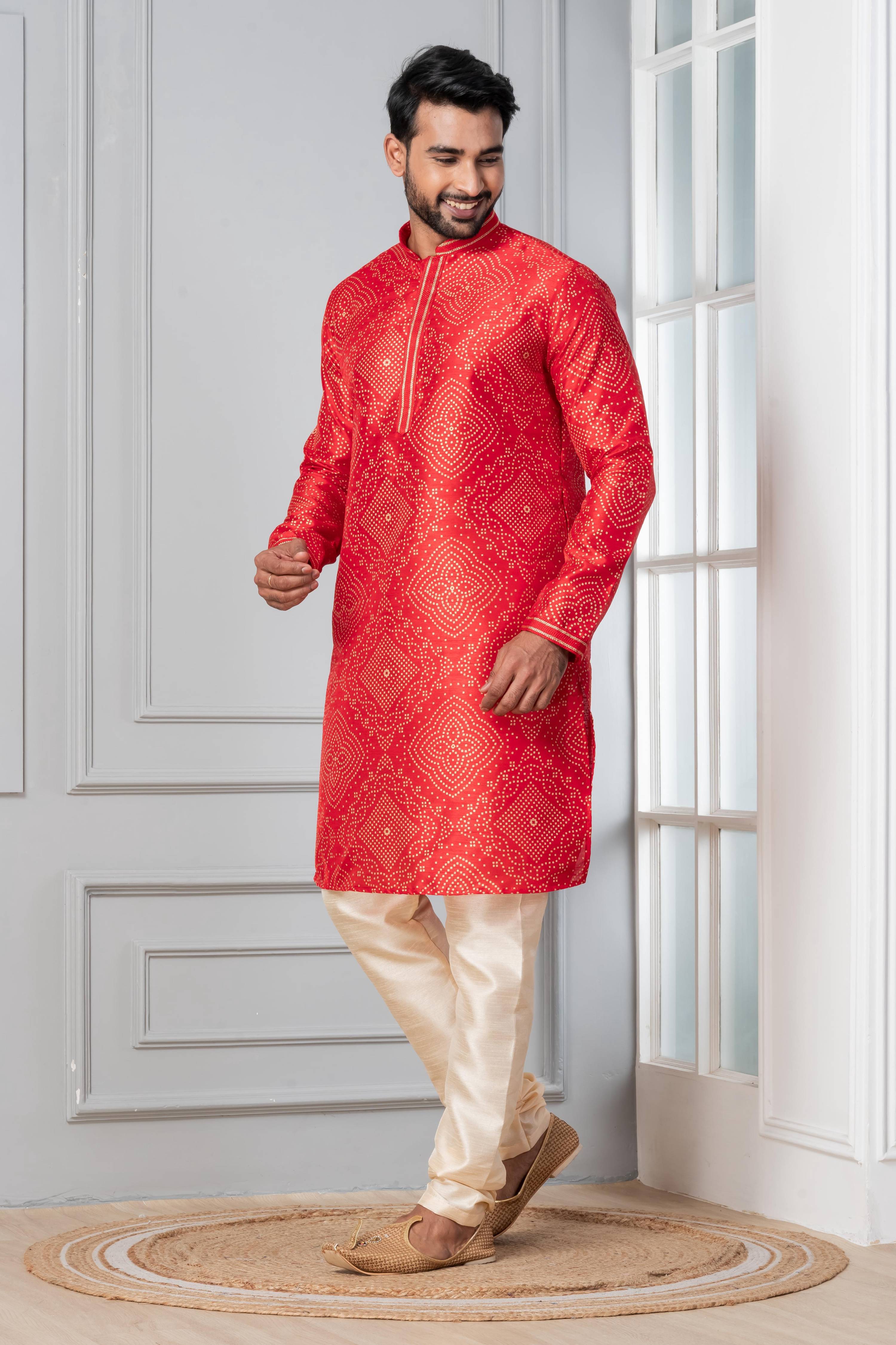 Zavaya Men Red Printed Banarasi Silk Kurta Churidar Set - Dista