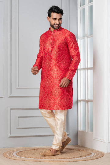 Zavaya Men Red Printed Banarasi Silk Kurta Churidar Set - Dista