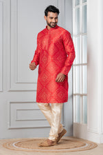 Thumbnail for Zavaya Men Red Printed Banarasi Silk Kurta Churidar Set
