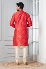 Thumbnail for Zavaya Men Red Printed Banarasi Silk Kurta Churidar Set