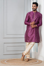 Thumbnail for Zavaya Men Purple Printed Banarasi Silk Kurta