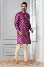 Thumbnail for Zavaya Men Purple Printed Banarasi Silk Kurta