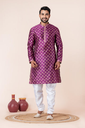 Zavaya Men Purple Printed Banarasi Silk Kurta Churidar Set - Dista