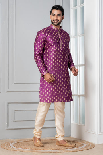 Zavaya Men Purple Printed Banarasi Silk Kurta Churidar Set - Dista