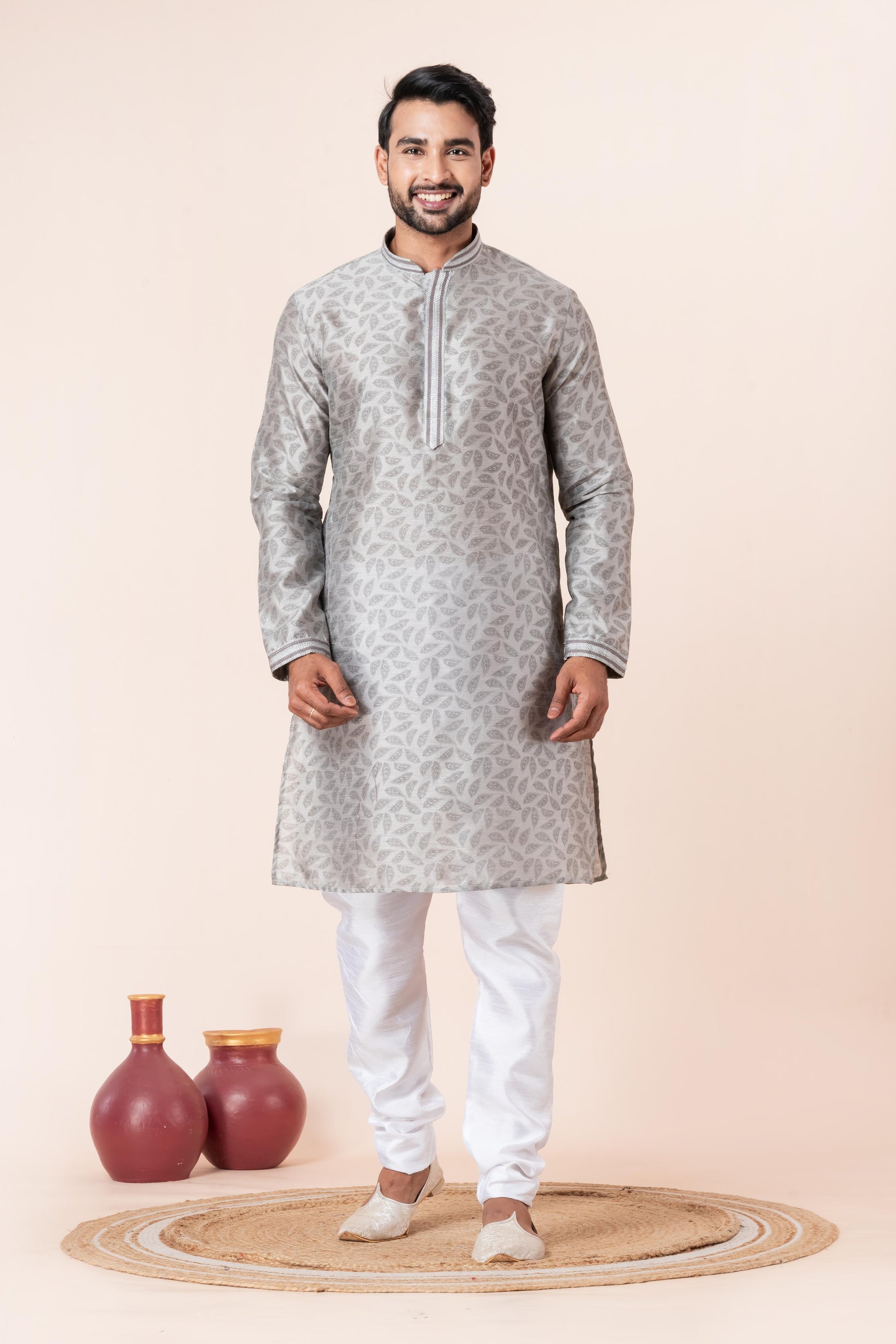 Zavaya Men Grey Printed Banarasi Silk Kurta - Dista