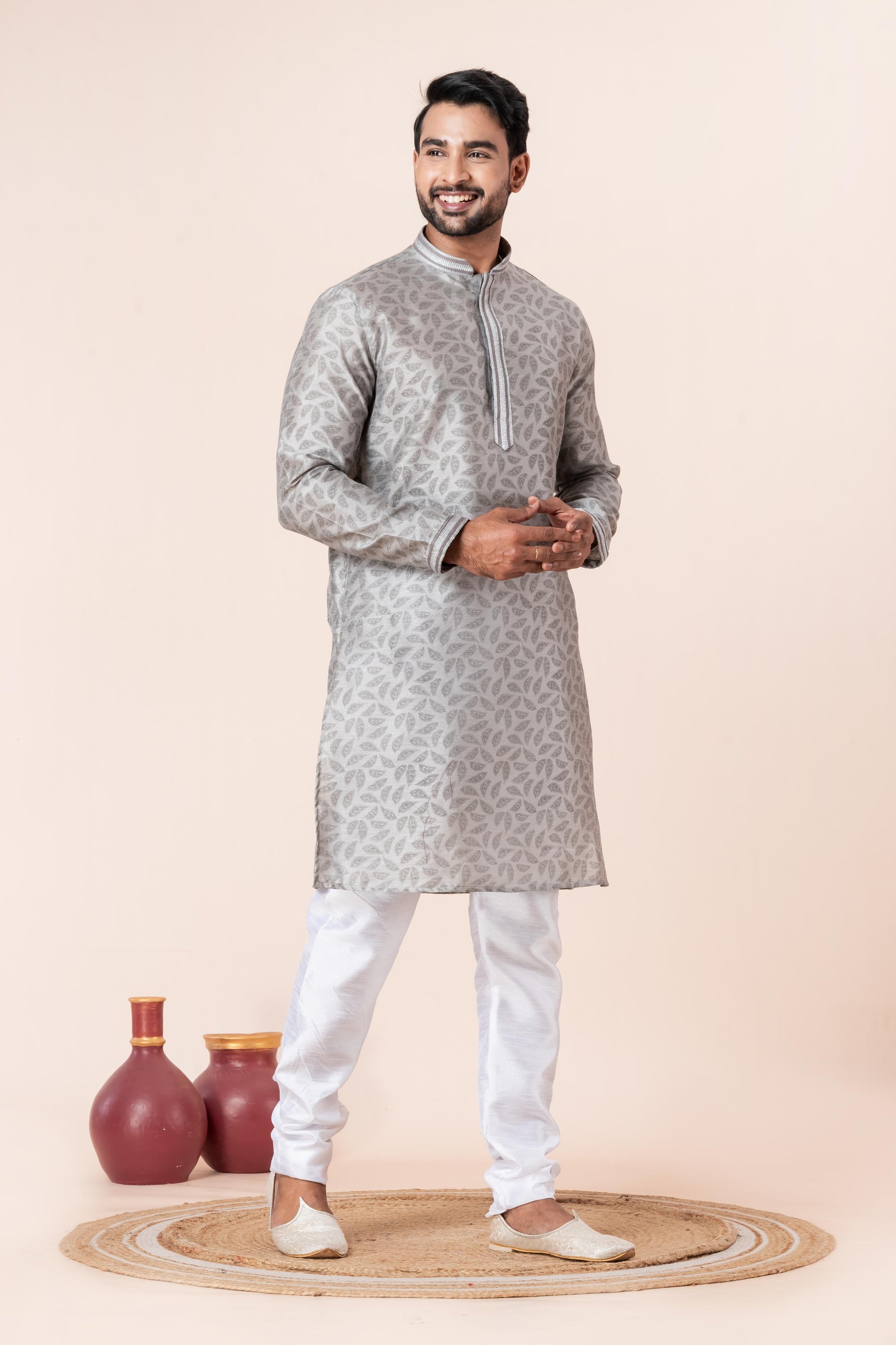 Zavaya Men Grey Printed Banarasi Silk Kurta - Dista