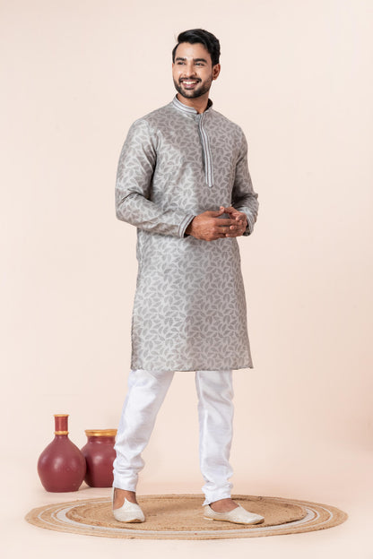 Zavaya Men Grey Printed Banarasi Silk Kurta - Dista