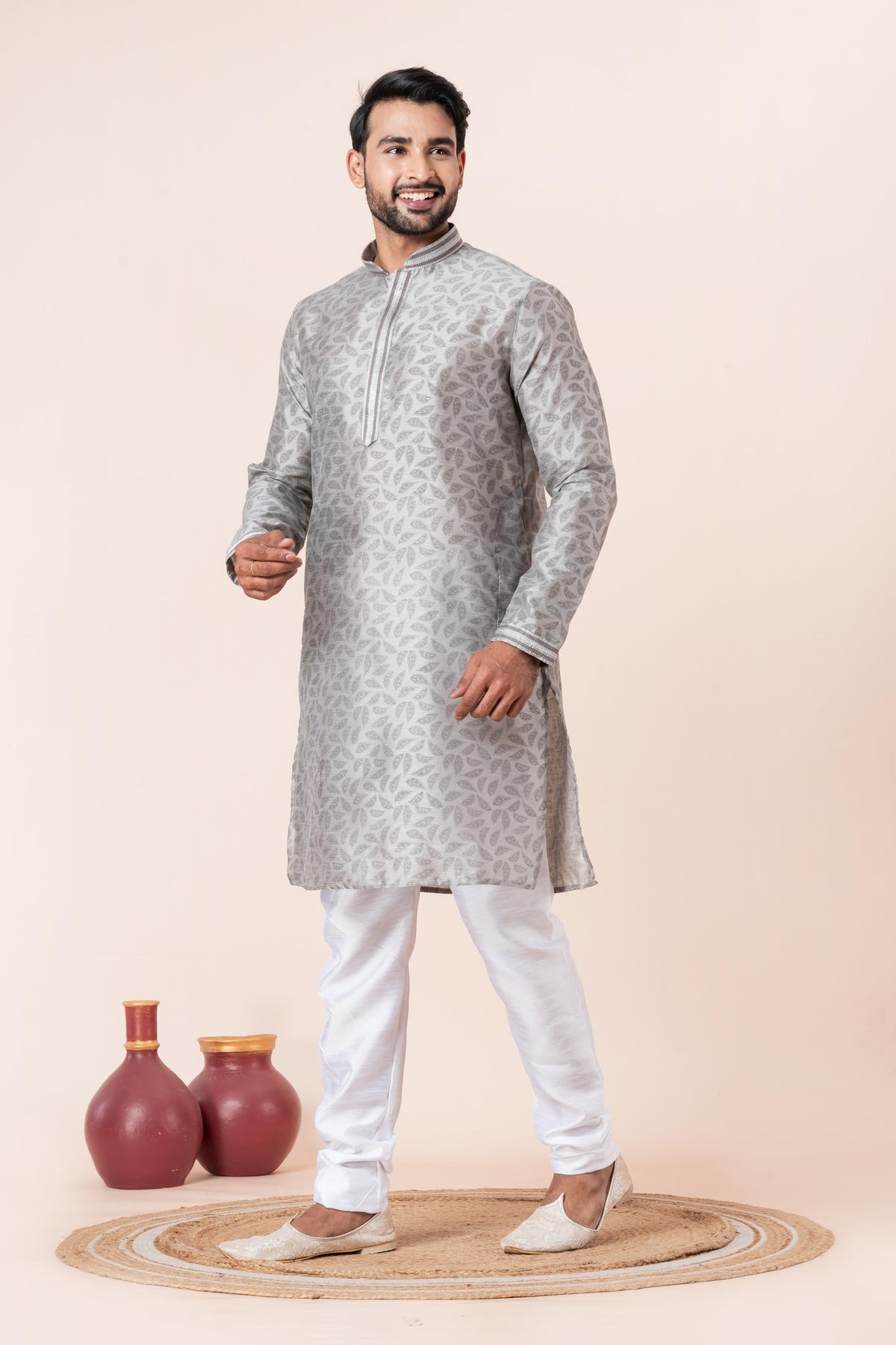 Zavaya Men Grey Printed Banarasi Silk Kurta - Dista