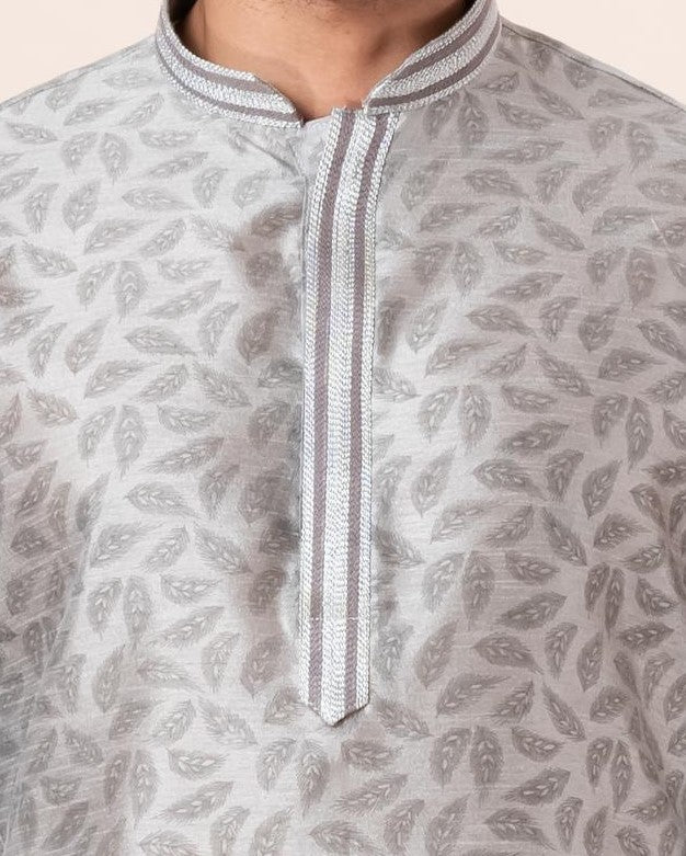 Zavaya Men Grey Printed Banarasi Silk Kurta - Dista