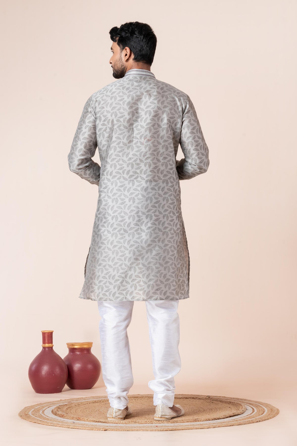 Zavaya Men Grey Printed Banarasi Silk Kurta - Dista
