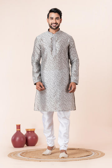 Zavaya Men Grey Printed Banarasi Silk Kurta Churidar Set - Dista