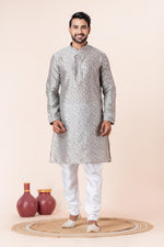 Thumbnail for Zavaya Men Grey Printed Banarasi Silk Kurta Churidar Set