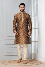 Thumbnail for Zavaya Men Brown Printed Banarasi Silk Kurta