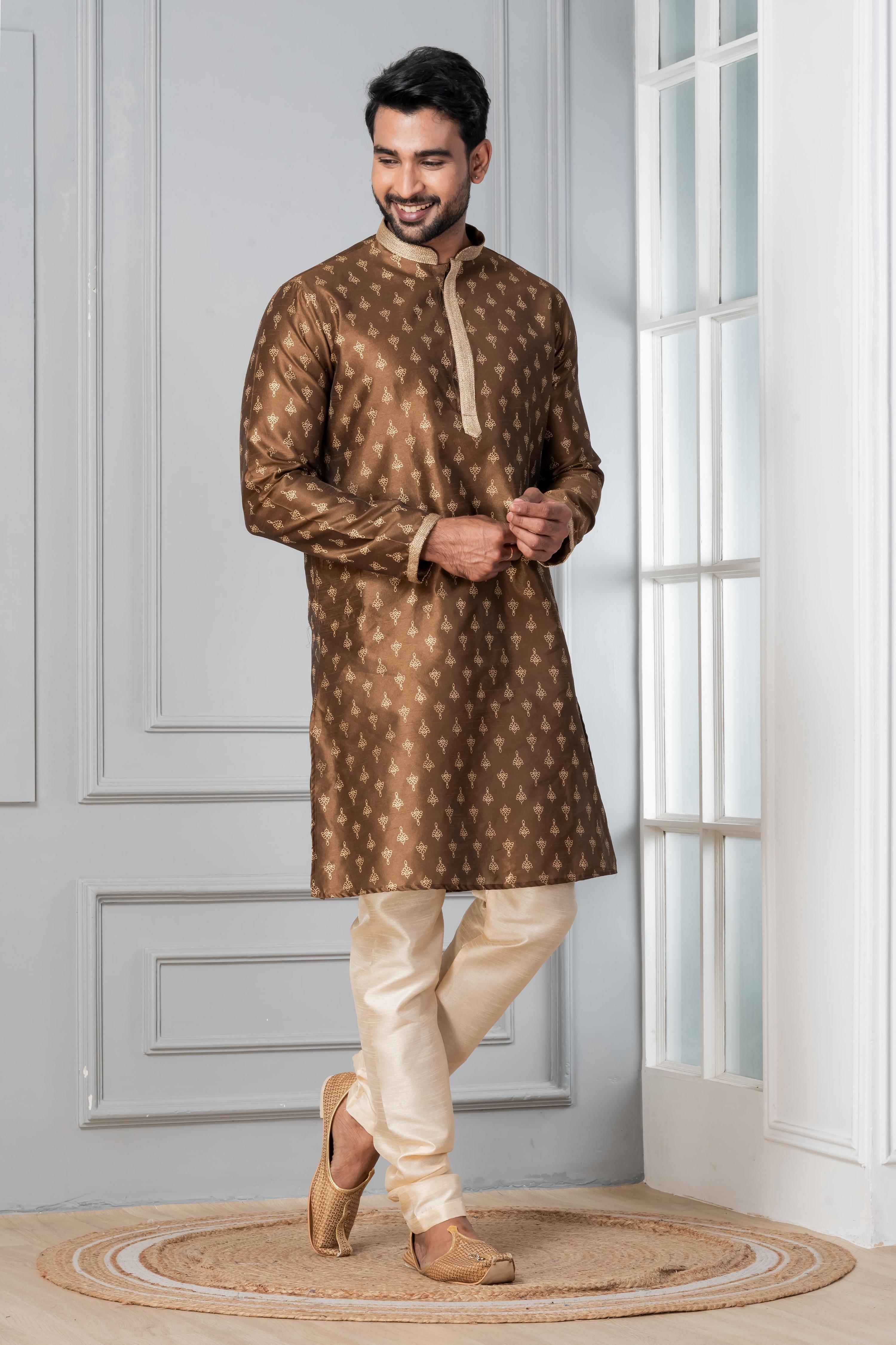 Zavaya Men Brown Printed Banarasi Silk Kurta - Dista