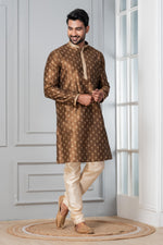 Thumbnail for Zavaya Men Brown Printed Banarasi Silk Kurta