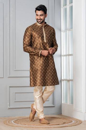 Zavaya Men Brown Printed Banarasi Silk Kurta Churidar Set - Dista