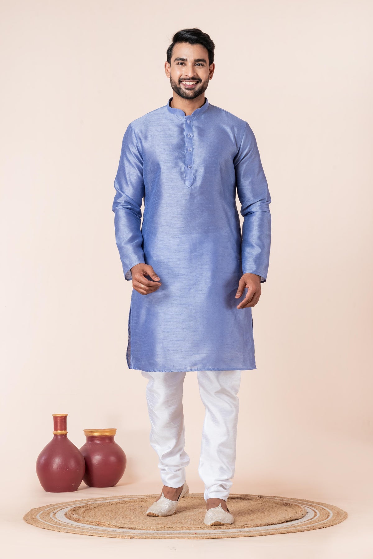 Zavaya Men Sky Blue Solid Banarasi Silk Kurta Churidar Set - Dista