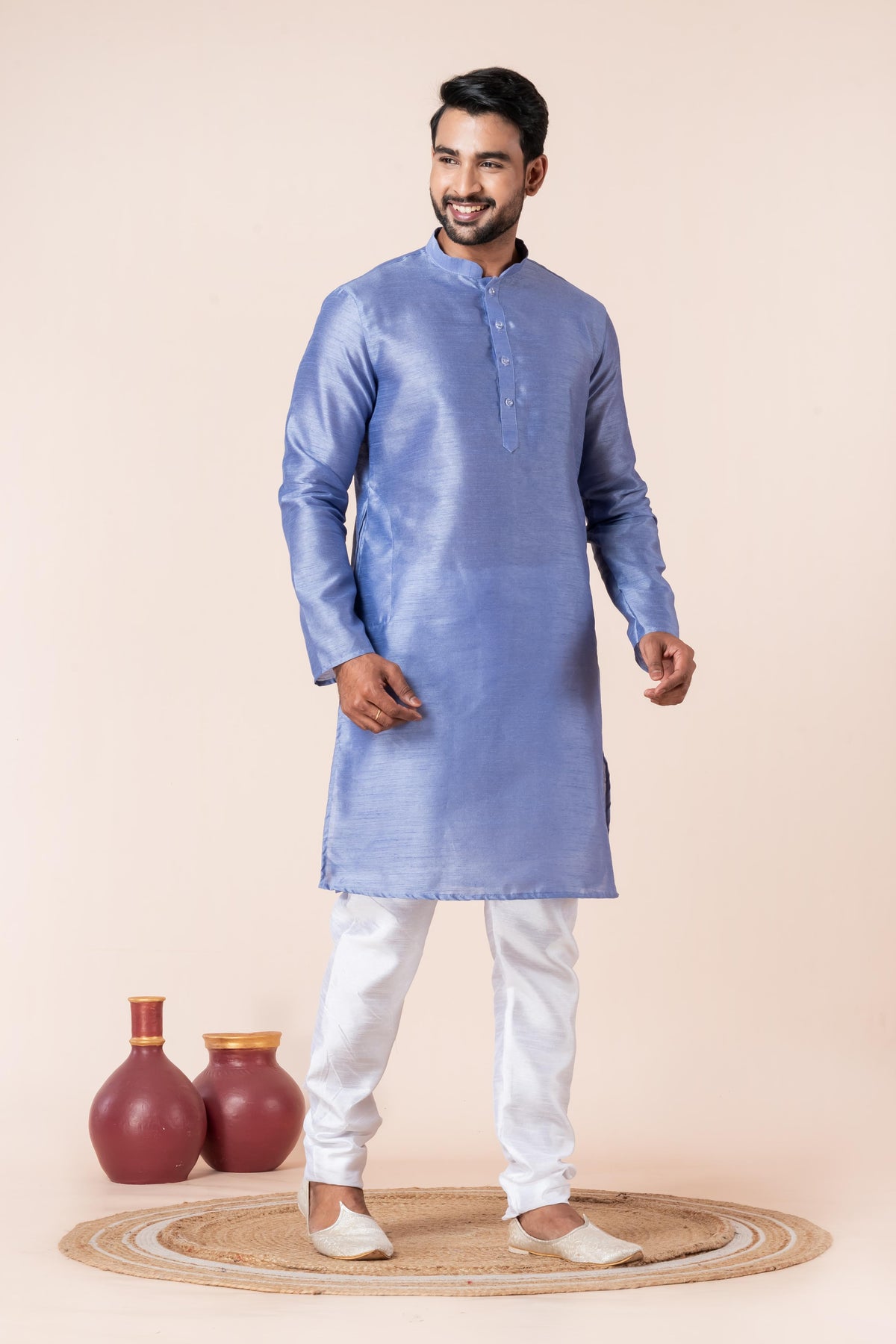 Zavaya Men Sky Blue Solid Banarasi Silk Kurta Churidar Set - Dista