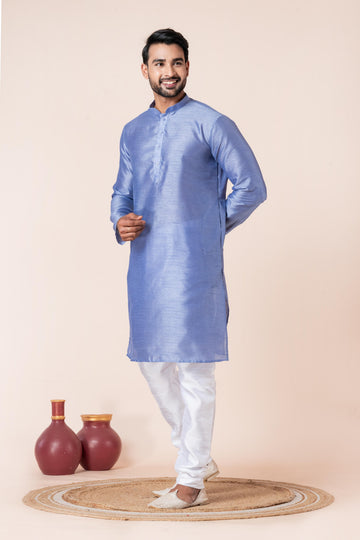 Zavaya Men Sky Blue Solid Banarasi Silk Kurta Churidar Set - Dista