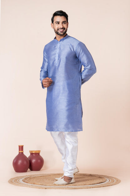 Zavaya Men Sky Blue Solid Banarasi Silk Kurta Churidar Set - Dista