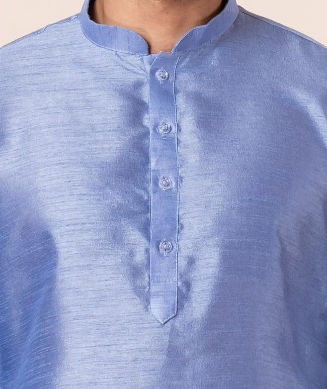 Zavaya Men Sky Blue Solid Banarasi Silk Kurta Churidar Set - Dista