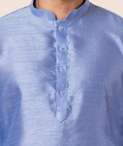 Zavaya Men Sky Blue Solid Banarasi Silk Kurta Churidar Set - Dista