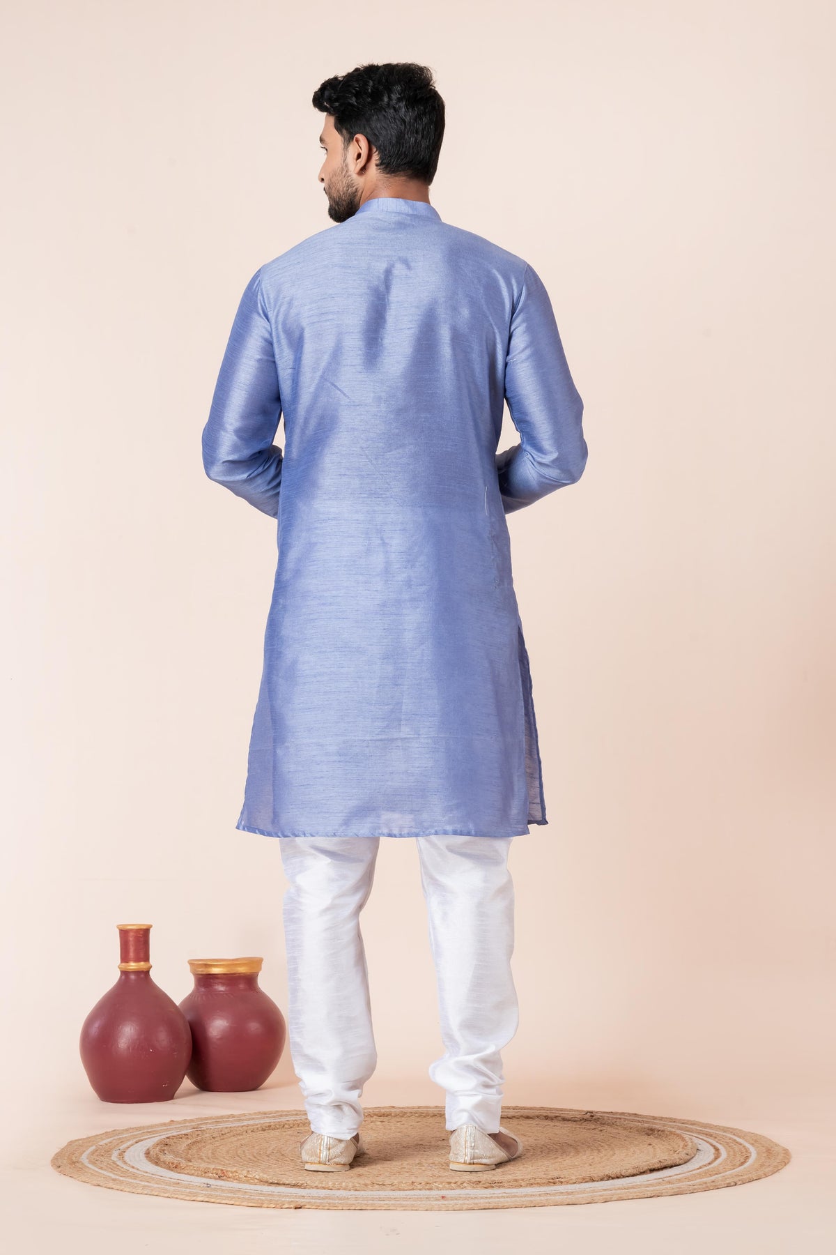 Zavaya Men Sky Blue Solid Banarasi Silk Kurta Churidar Set - Dista