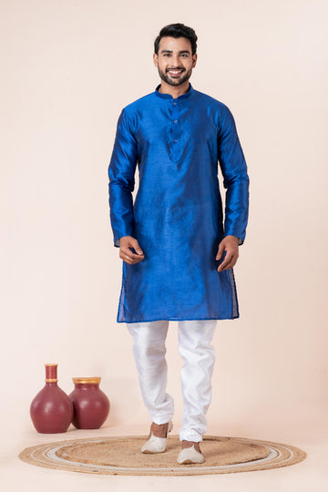 Zavaya Men Blue Solid Banarasi Silk Kurta Churidar Set - Dista