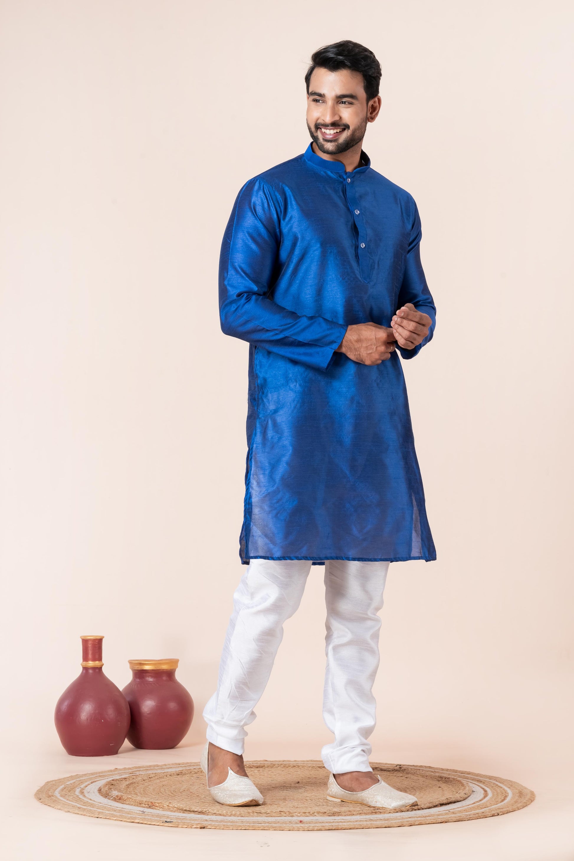 Zavaya Men Blue Solid Banarasi Silk Kurta Churidar Set - Dista