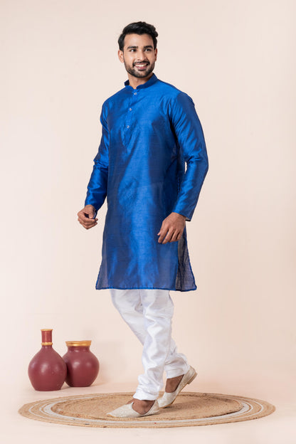 Zavaya Men Blue Solid Banarasi Silk Kurta Churidar Set - Dista