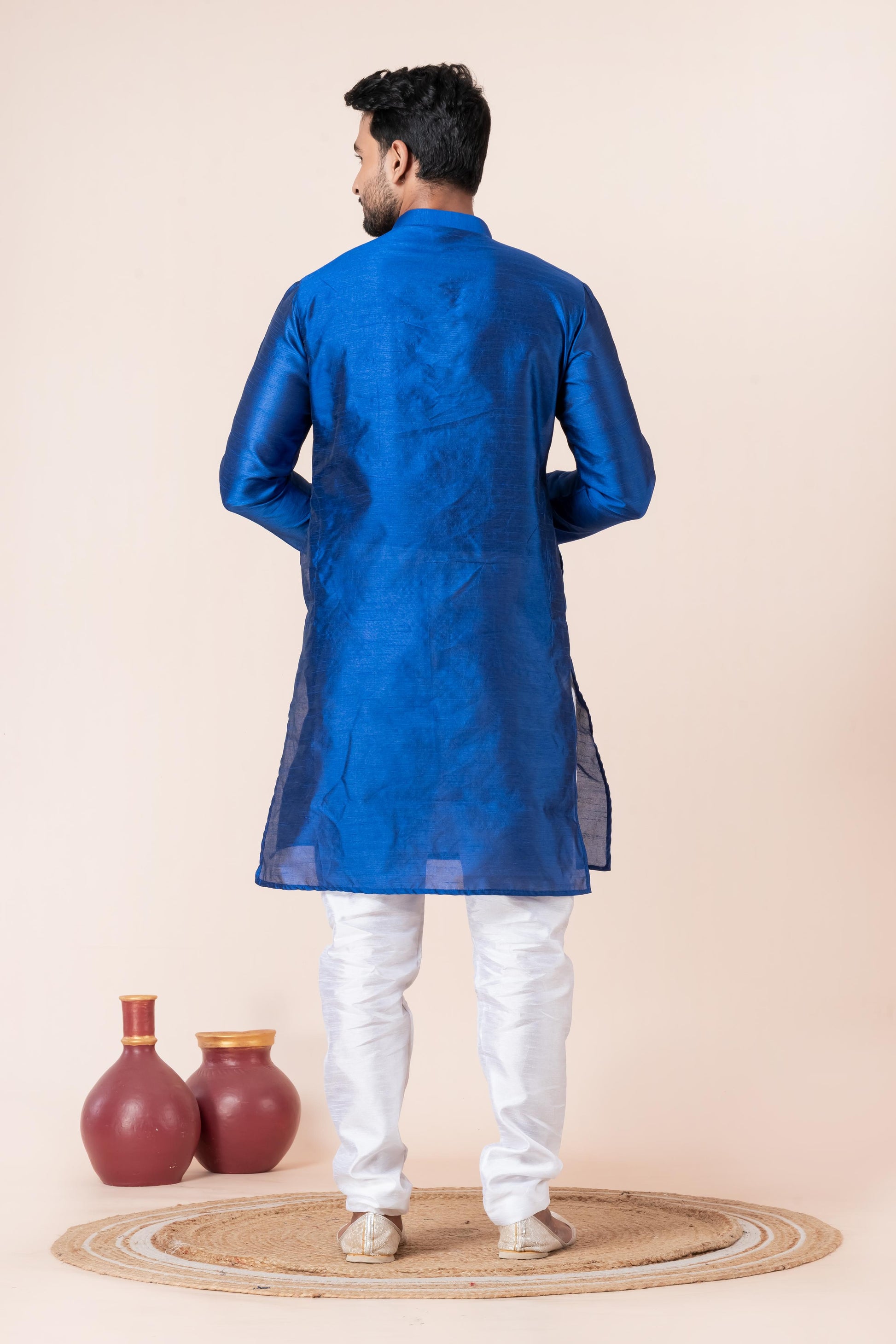 Zavaya Men Blue Solid Banarasi Silk Kurta Churidar Set - Dista