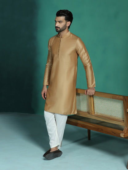 Zavaya Beige Plain Polyester Viscose Kurta Pyjama Set for Men - Dista