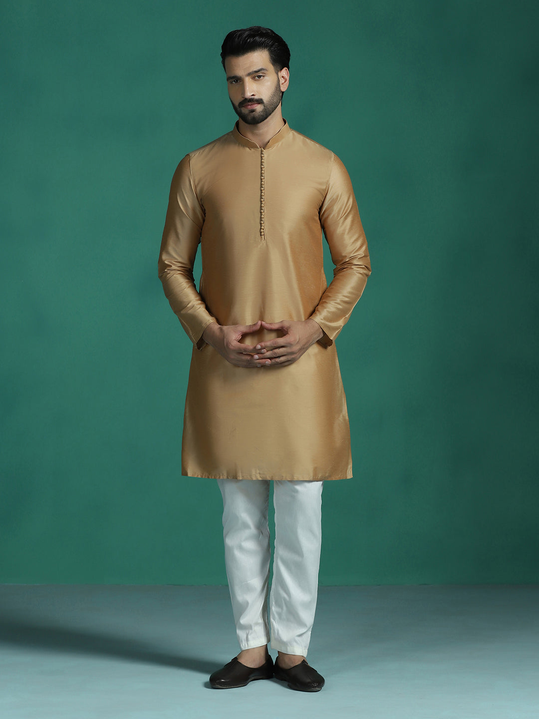 Zavaya Beige Plain Polyester Viscose Kurta Pyjama Set for Men - Dista