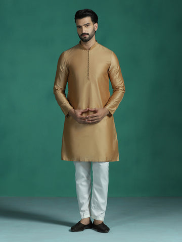 Zavaya Beige Plain Polyester Viscose Kurta Pyjama Set for Men - Dista