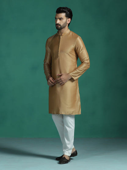 Zavaya Beige Plain Polyester Viscose Kurta Pyjama Set for Men - Dista