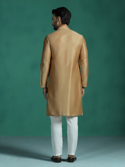 Zavaya Beige Plain Polyester Viscose Kurta Pyjama Set for Men - Dista