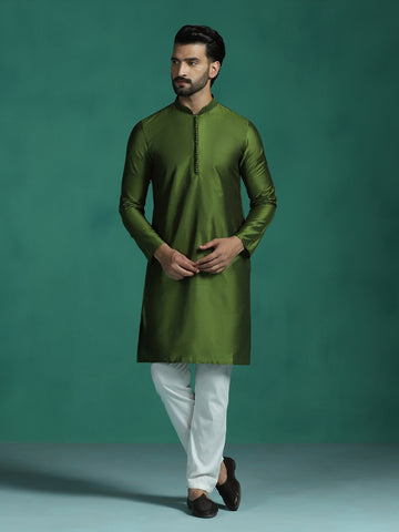 Zavaya Green Plain Polyester Viscose Kurta Pyjama Set for Men - Dista