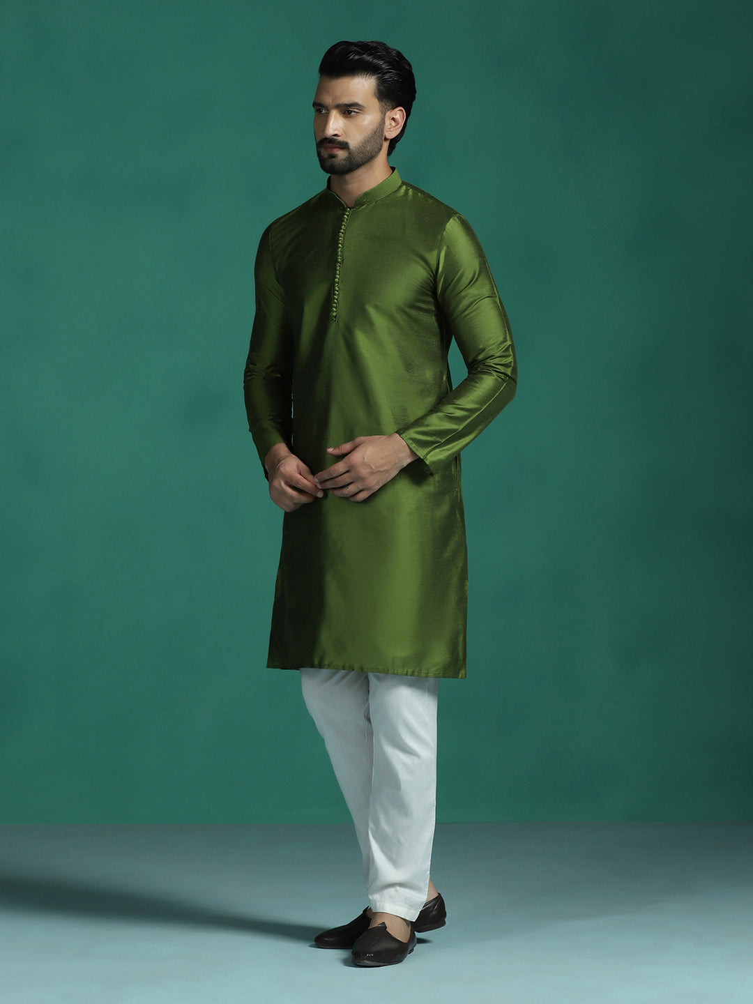 Zavaya Green Plain Polyester Viscose Kurta Pyjama Set for Men - Dista
