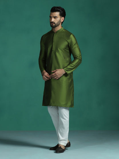Zavaya Green Plain Polyester Viscose Kurta Pyjama Set for Men - Dista