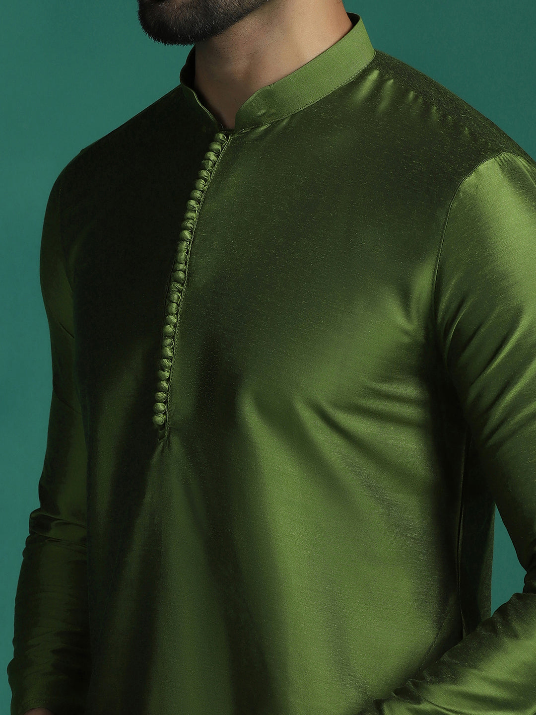 Zavaya Green Plain Polyester Viscose Kurta Pyjama Set for Men - Dista