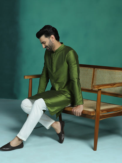 Zavaya Green Plain Polyester Viscose Kurta Pyjama Set for Men - Dista