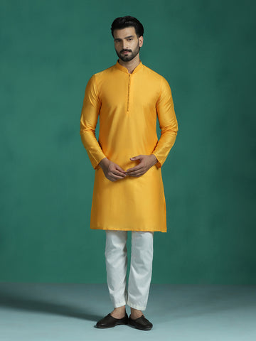 Zavaya Yellow Plain Polyester Viscose Kurta Pyjama Set for Men - Dista