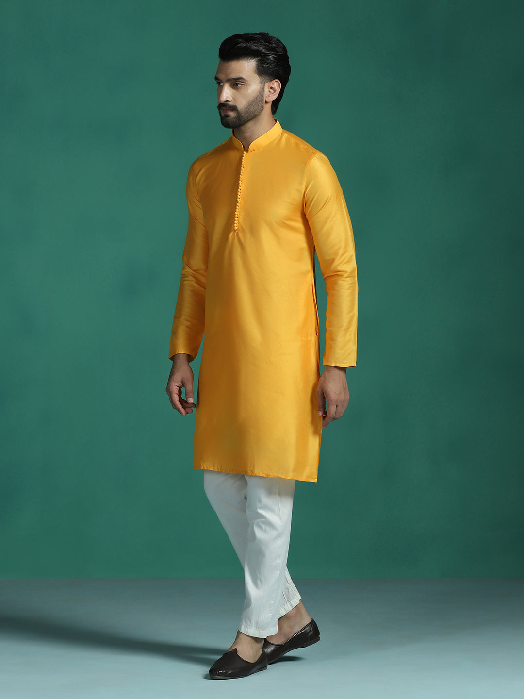 Zavaya Yellow Plain Polyester Viscose Kurta Pyjama Set for Men - Dista