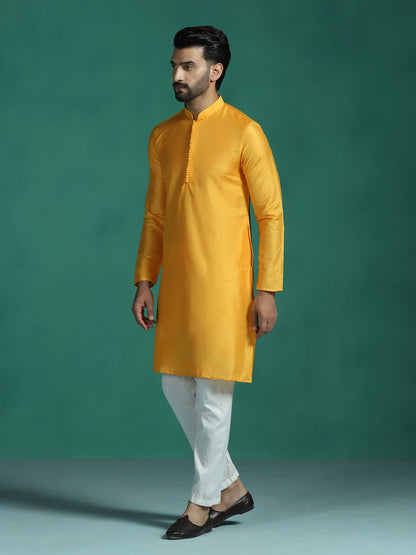 Zavaya Yellow Plain Polyester Viscose Kurta Pyjama Set for Men - Dista