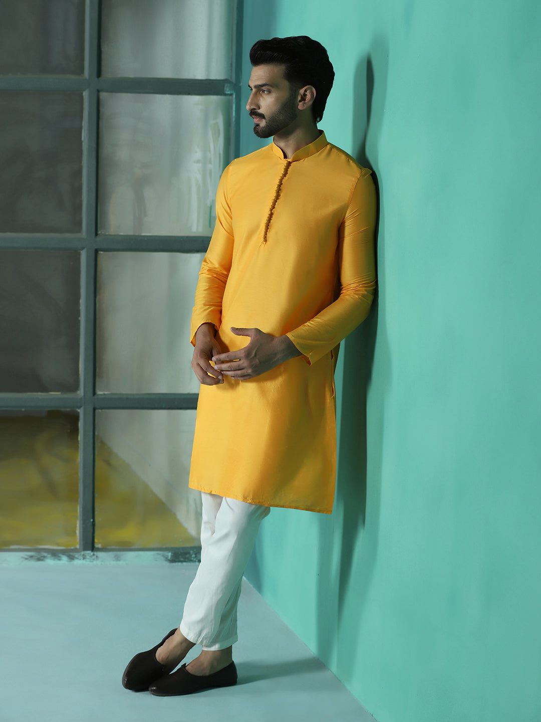 Zavaya Yellow Plain Polyester Viscose Kurta Pyjama Set for Men - Dista
